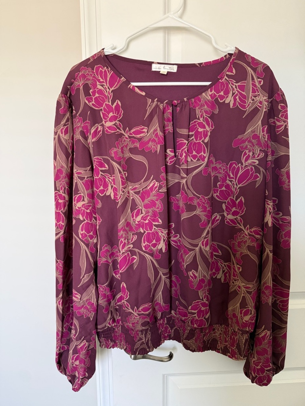 nine britton Plum Floral Long Sleeve Blouse with Pink Accents